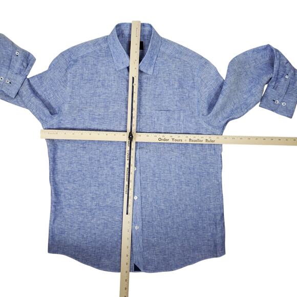 Untuckit Mens 100% Linen Vin Santo Long Sleeve Button Up Shirt L Blue Slim Fit - Picture 14 of 16